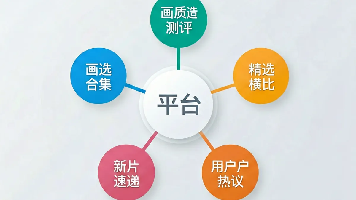 展示500部大龄熟乱4K视频天堂内容分类体系的信息图，包含画质测评、精选合集、平台横比等五大板块示意