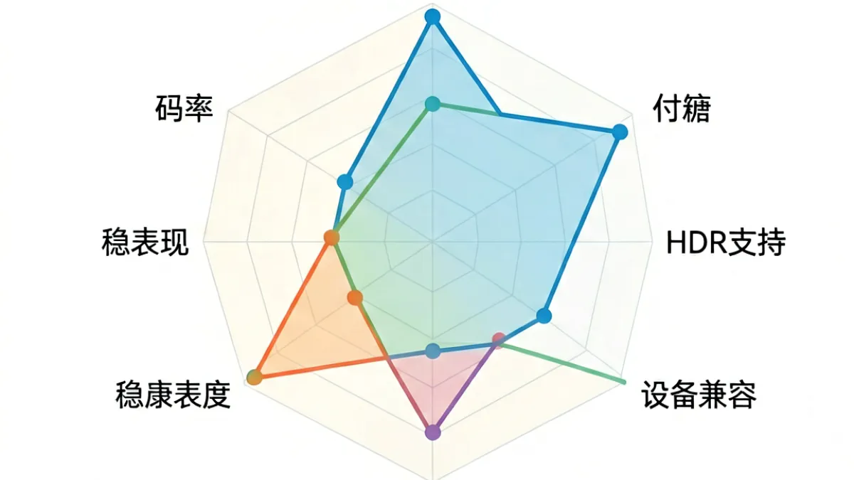 500部大龄熟乱4K视频天堂 - 多个视频平台的画质评分雷达图对比，从码率、色深、HDR支持、兼容性四个维度展示各平台得分分布